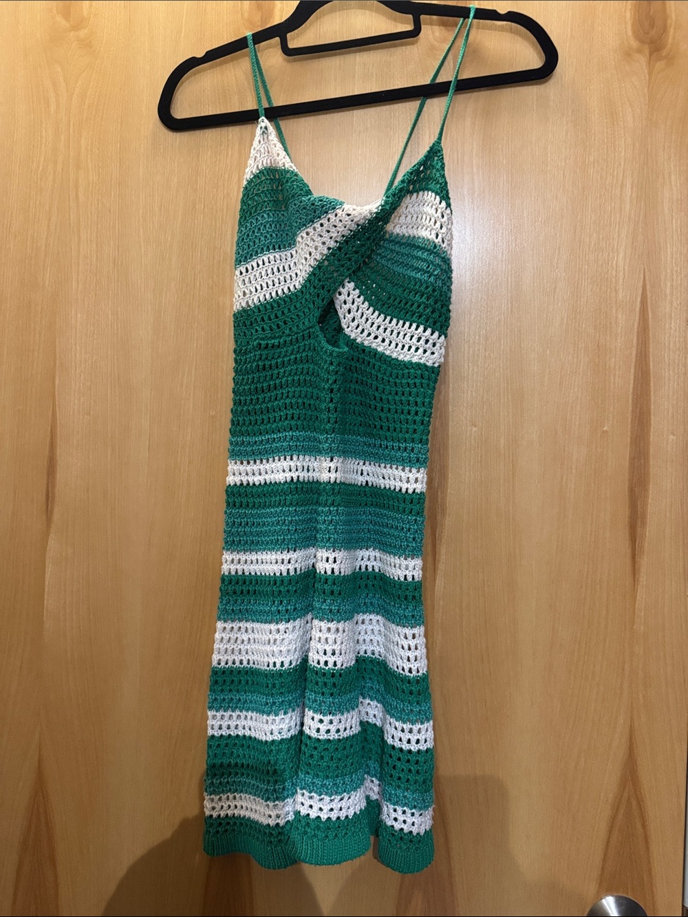 Green and white striped crochet dress